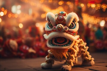 Wall Mural - Lion dance show on Chinese New Year Day, blurred background