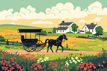  A horse-drawn carriage in an Irish countryside, St Patrick’s Day drawings, flat illustration