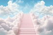 Stairway to heaven through white clouds in blue sky background.