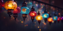 Islamic Colorful Lanterns Hanging From The Ceiling In A Row. Colorful Lamps, Traditional Turkish Chandelier.