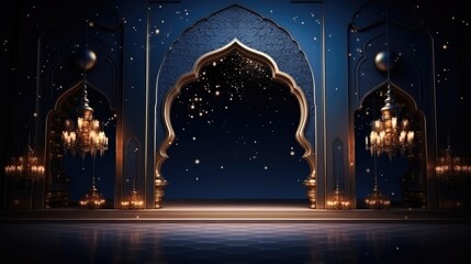 Wall Mural - Illustration of Ramadan Kareem background with mosque Islamic style arches and Arabic patterns.