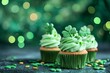 Delicious Saint Patrick’s day green cupcake on a green blurred background with copy space for text