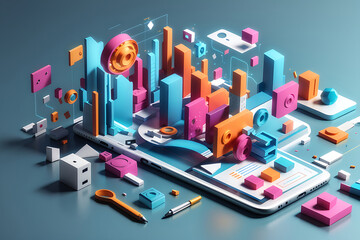 Wall Mural - 3d hands building application design, ui and ux design concept. abstract icons floating around the s