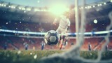 Fototapeta Sport - A soccer ball flies into the goal, hits the post, the goalkeeper does not have time to catch the ball, a close-up goal, a football match at the stadium, a sports match, a football tournament