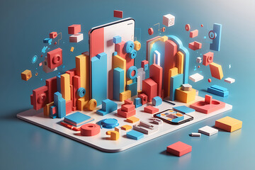 Wall Mural - 3d hands building application design, ui and ux design concept. abstract icons floating around the s
