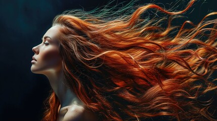 Wall Mural - Beautiful red-haired girl with long hair on a black background