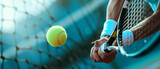 Close-up of muscular arms holding a tennis racket and hitting the ball. Banner championship tennis