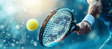 Close-up Of Muscular Arms Holding A Tennis Racket And Hitting The Ball. Banner Championship Tennis