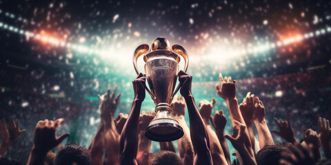 the champions cup or winners cup in male hands against the of the grandstand stadium background. the
