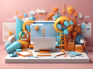 Wall Mural - 3d project management concept. design and programming on the product, communication team, and cms de