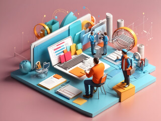 Wall Mural - 3d project management concept. design and programming on the product, communication team, and cms de