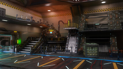 Wall Mural - dark future fantasy science fiction military hangar interior. 3d rendering.
