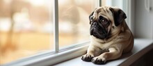 Close Up Face Of Cute Pug Puppy Dog Looking Out A Window Alone Like Forsake And Waiting Owner With Copy Space For Label Text. Copy Space Image. Place For Adding Text