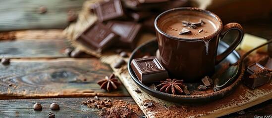 Sticker - Delicious chocolate cake with hot cocoa in cup Sweet chocolate dessert. Copy space image. Place for adding text