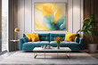 Loft home interior design of modern living room. Dark turquoise tufted sofa with virant yellow pillows against beige stucco wall with abstract art poster frame