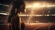 A determined woman with a fierce expression runs gracefully in her athletic gear, embodying strength and determination as she dominates the track