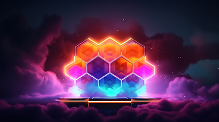 Wall Mural - abstract neon background with stormy cloud and hexagonal