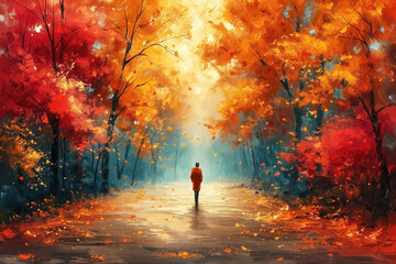 Wall Mural - Oil painting an autumn colorful landscape, beautiful orange red trees in the forest