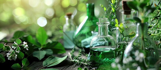 Canvas Print - Natural organic extraction and green herbal leaves Flower aroma essence solution in laboratory. Copy space image. Place for adding text