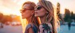 Fashion shot of two elegant beautiful girls in the sunset wearing sunglasses Two young women outdoor on the street Shopping inspiration. Copy space image. Place for adding text