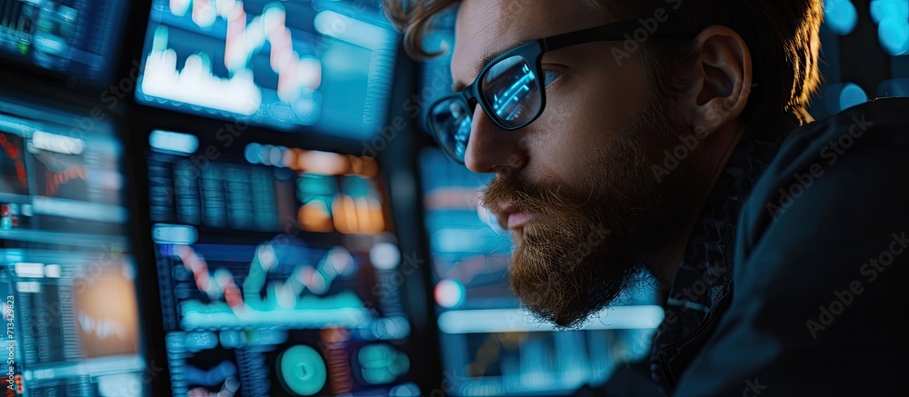 Mature crypto trader investor analyst broker using pc computer ...