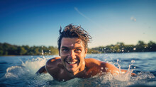 A Triathlete Emerging From The Water With A Triumphant Expression,  Their Smile Infectious