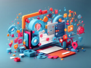 Wall Mural - 3d web development and application design process, ui-ux and web design concept. abstract icons floa