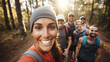 A group of friends in a post-trail run group photo,  all smiles and high spirits