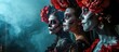 Scarying undead couple celebrate mexican holiday to remember dead relatives dressed in carnival costume wears skull makeup red flowers as symbol of this event Zombies stand indoor over yellow w