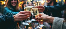 A Happy Group Of Friends Drinking Champagne Together. Copy Space Image. Place For Adding Text