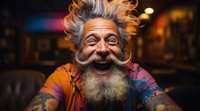 Crazy artist with hispter style, tattoos and colorful shirt laughing in a bar. Senior man with happy crazy modern style. Background with copy space. Concept of modern adult, hipster, plastic artist.