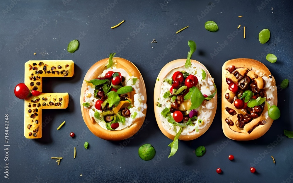 Word Fast Food made from bread pizza with tasty topping. Text Food from ...