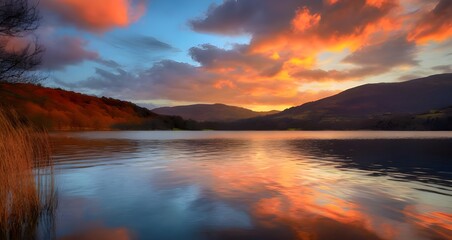 Wall Mural - sunset over a serene lake, with colorful reflections shimmering