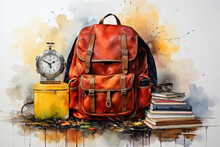 Watercolor School Bag And Books Illustration Yellow Backpack With School Supplies Next To The Globe, Red Apple And Glasses On The Black School Board Background