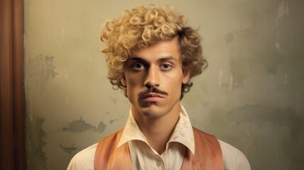 Photorealistic Adult Latino Man with Blond Curly Hair retro Illustration. Portrait of a person in vintage 1920s aesthetics. Historic movie style Ai Generated Horizontal Illustration.