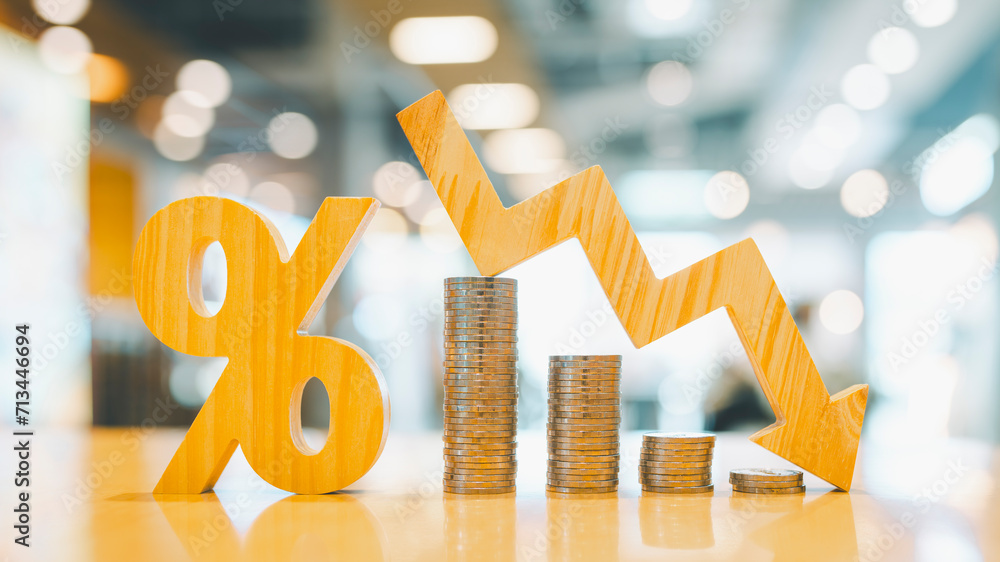 Percentage model and down arrow with coin stack. Key concepts for ...
