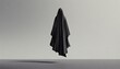 Surreal 3D rendering of a black cloaked figure floating with no visible face, evoking a ghostly or sinister presence.