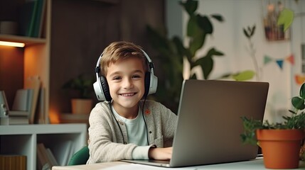 Wall Mural - Smiling boy sitting at desk with laptop. Student study at home and learning online