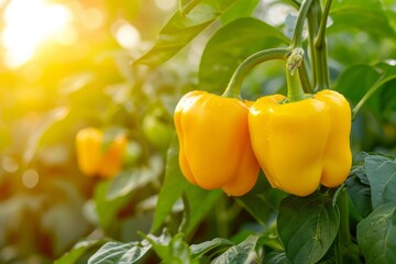 Wall Mural - Growing yellow bell pepper harvest and producing vegetables cultivation. Concept of small eco green business organic farming gardening and healthy food