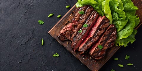 Wall Mural - Tender juicy steak cut into slices with herbs and spices on a wooden plate, barbecue, grill, meat, wallpaper, background.