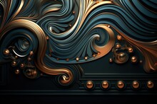  A Black And Gold Wallpaper With A Swirly Design On The Bottom Of The Wall And A Gold Bead Border On The Bottom Of The Wall.