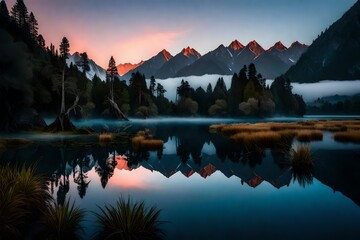 Poster - Lake Matheson at the crack of dawn, its still waters mirroring the enchanting colors of the sky, with the mountains emerging mysteriously through the fog.