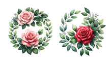  Circular Watercolor Greenery Floral Frames, One Featuring A Pink Rose And The Other A Red Rose