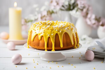 Wall Mural -  a bundt cake with yellow icing and sprinkles on a cake plate with a candle in the background.