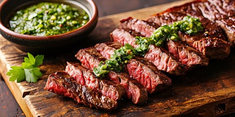 Incredibly delicious sliced juicy medium roast steak with chimichurri sauce, grilled meat, background, template, wallpaper.