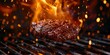 Juicy medium rare steak on the grill, fire, rosemary, wallpaper, background.