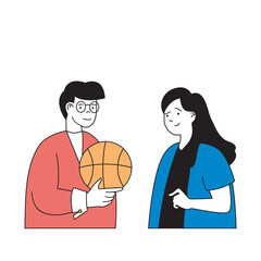 Aufkleber - School learning concept with cartoon people in flat design for web. Students with ball playing basketball and training to competition. Vector illustration for social media banner, marketing material.