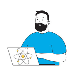 Aufkleber - Science laboratory concept with cartoon people in flat design for web. Scientist making data analysis of atom structure using laptop. Vector illustration for social media banner, marketing material.