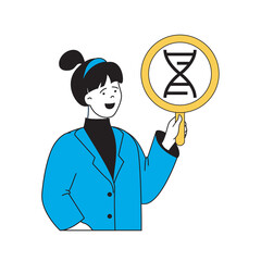 Aufkleber - Science laboratory concept with cartoon people in flat design for web. Scientist with magnifier makes genetic research of dna molecule. Vector illustration for social media banner, marketing material.