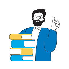 Aufkleber - Science laboratory concept with cartoon people in flat design for web. Scientist with stack of books researching new information. Vector illustration for social media banner, marketing material.